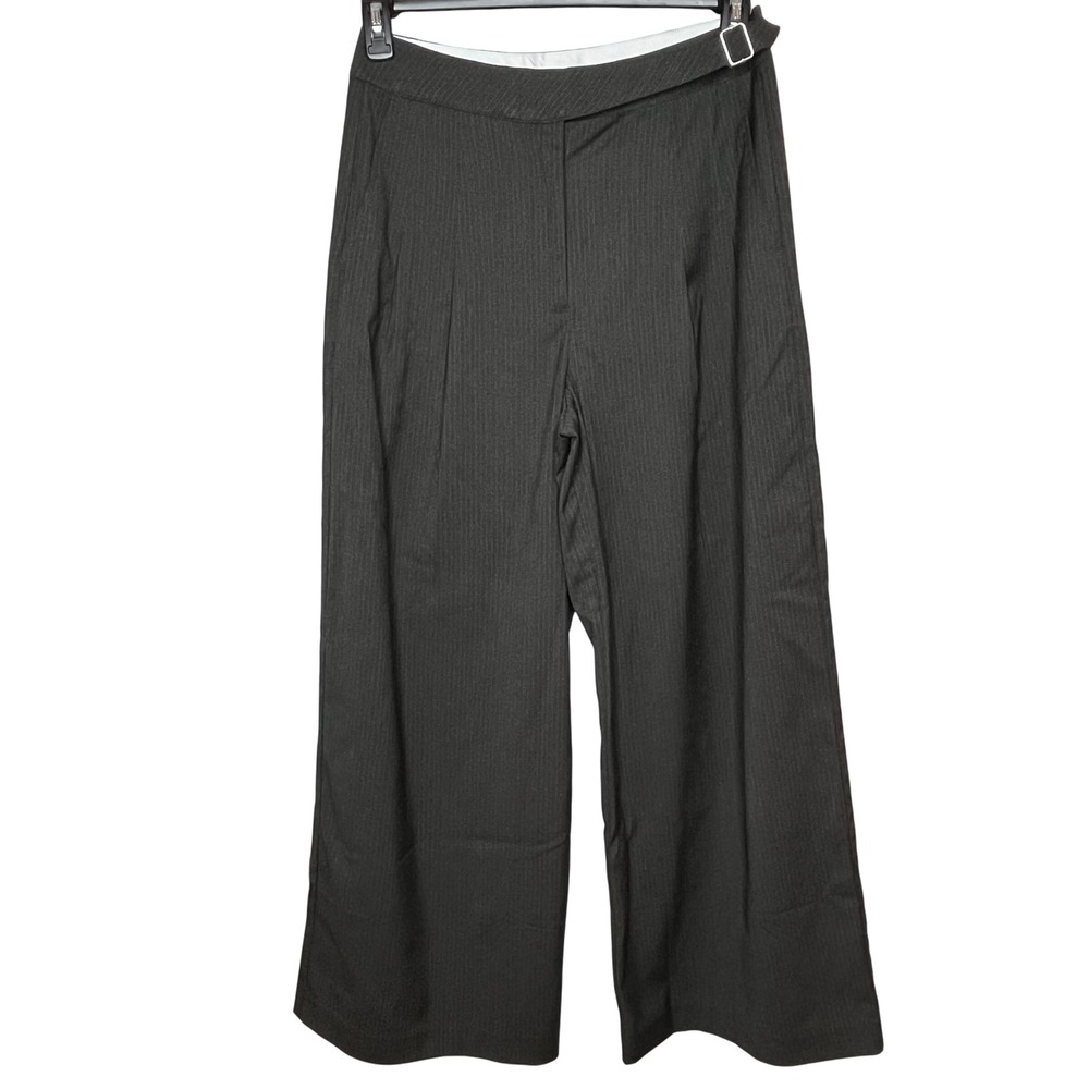 ASOS Grey Pinstripe Wide Leg Trouser Pants High Waist Side Buckle Size 6